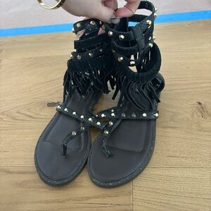 Studded Fringe Black Sandals